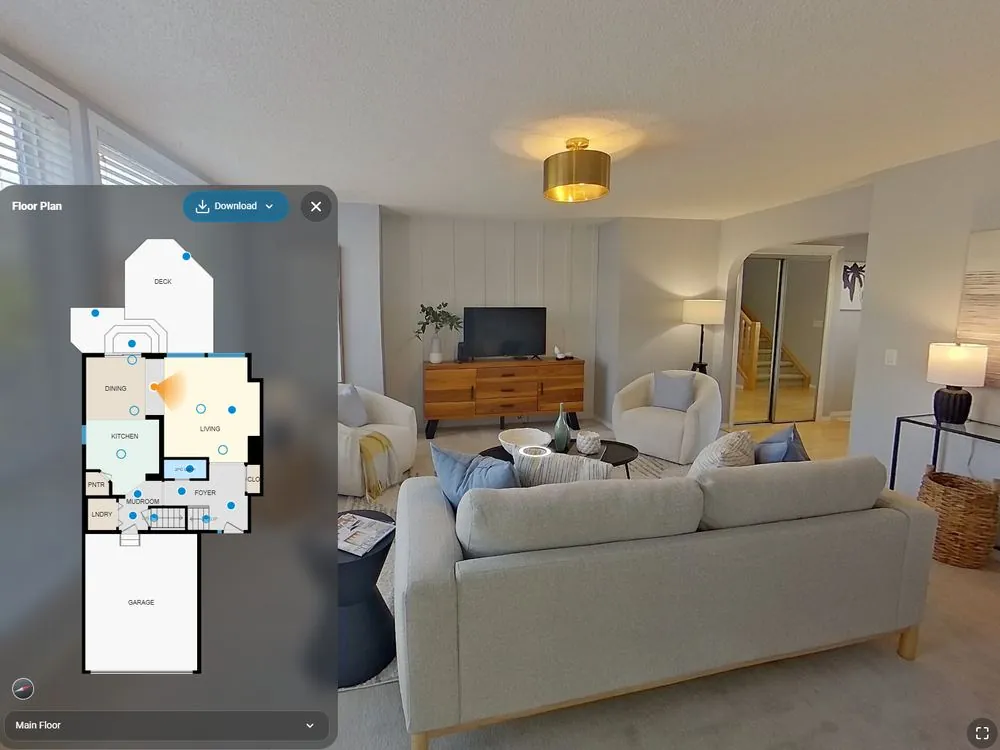 3D virtual tour of a listing's living room with an interactive floor plan