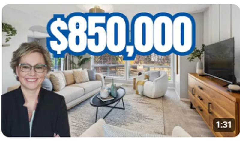 Thumbnail from one of our YouTube property videos, with Marnie and a staged living room